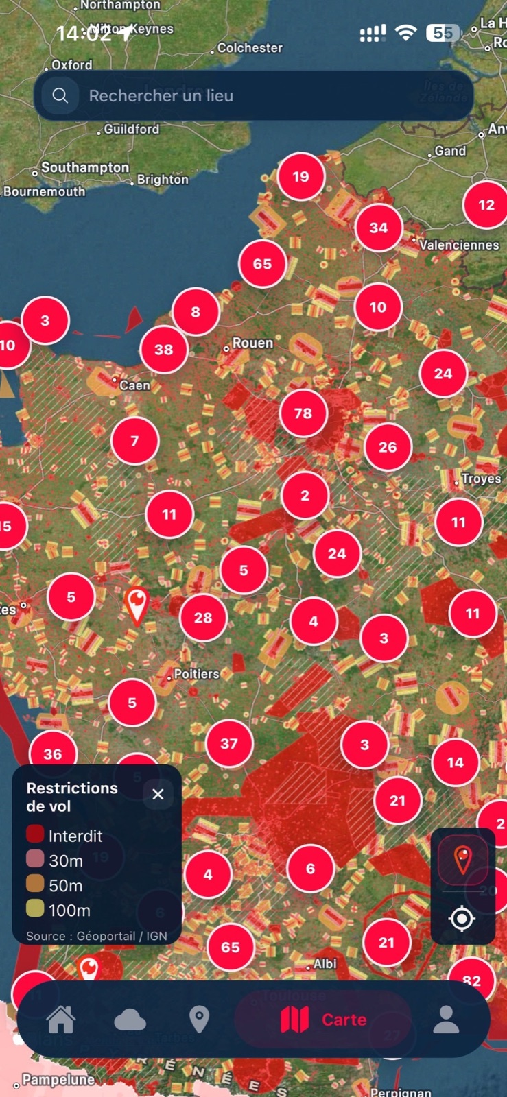 Carte des spots dans l’application Geodrones